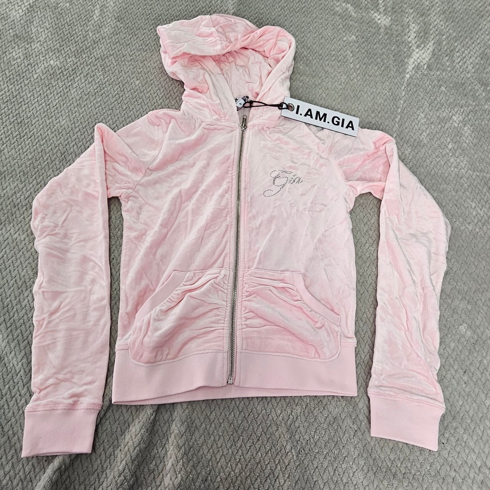 I.AM.GIA Pink Velour Zip Hoodie Size S Rhinestone Logo Y2K